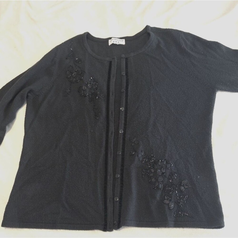 Vintage Covington Black Beaded Floral Cardigan Velvet Trim Wool Blend Size M